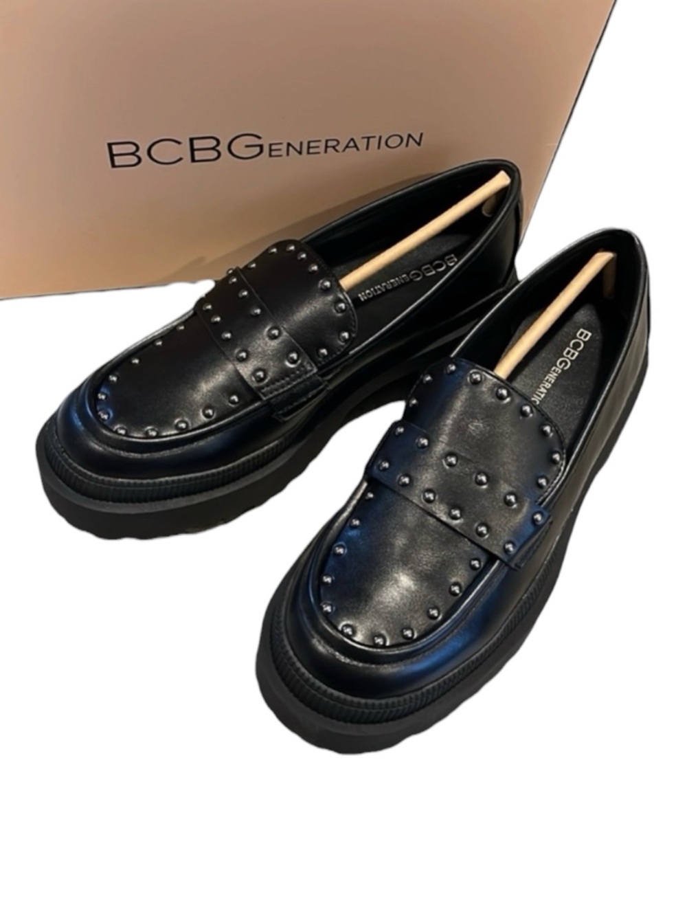 BCBGENERATION MARLEY PLATFORM STUDDED LOAFERS BLACK SIZE 8.5 NEW IN BOX